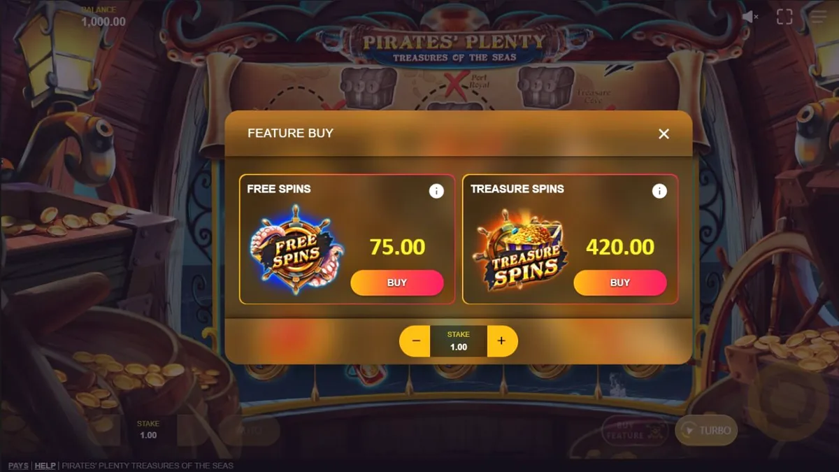 Tampilan layar permainan slot Pirates’ Plenty: Treasures of the Seas dengan tema bajak laut.